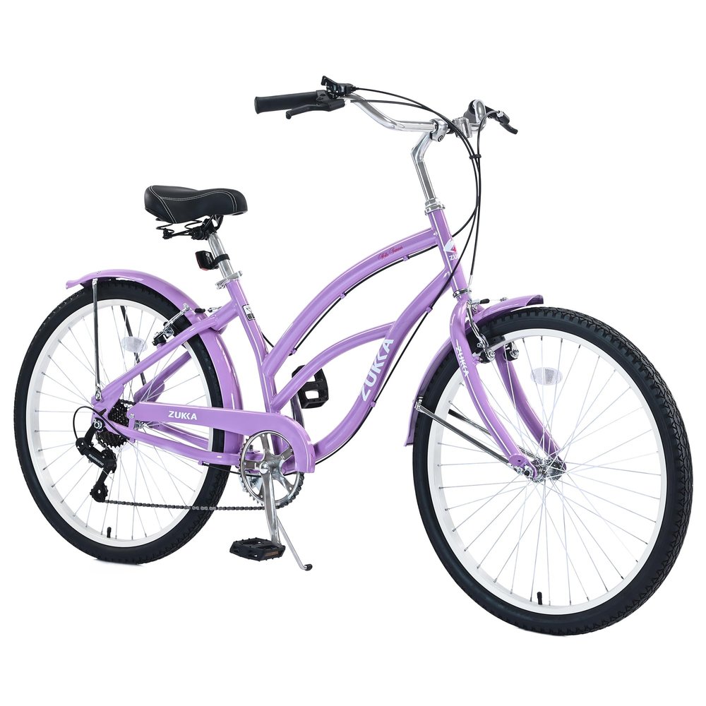 L-TWOO Beach Cruiser Bike 26inch Wheel Bike 7 Speed Cruiser Bicycle V-Brake Comfortable Commuter Bike for Women Men Senior (Purple)