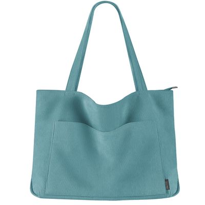 Prite Corduroy Tote Bag for Women Large Shoulder Bag with Zipper and Pockets for College Work Travel Shopping(Lake Blue)
