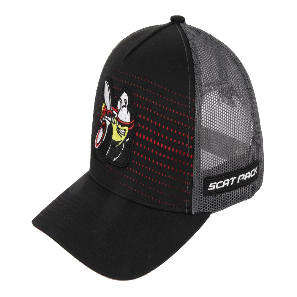 Dodge Scat Pack Rumble Snapback Trucker Hat  Black Red Mesh Cap with Embroidered Scat Pack Bee Logo Patch & Side Patch, Licensed