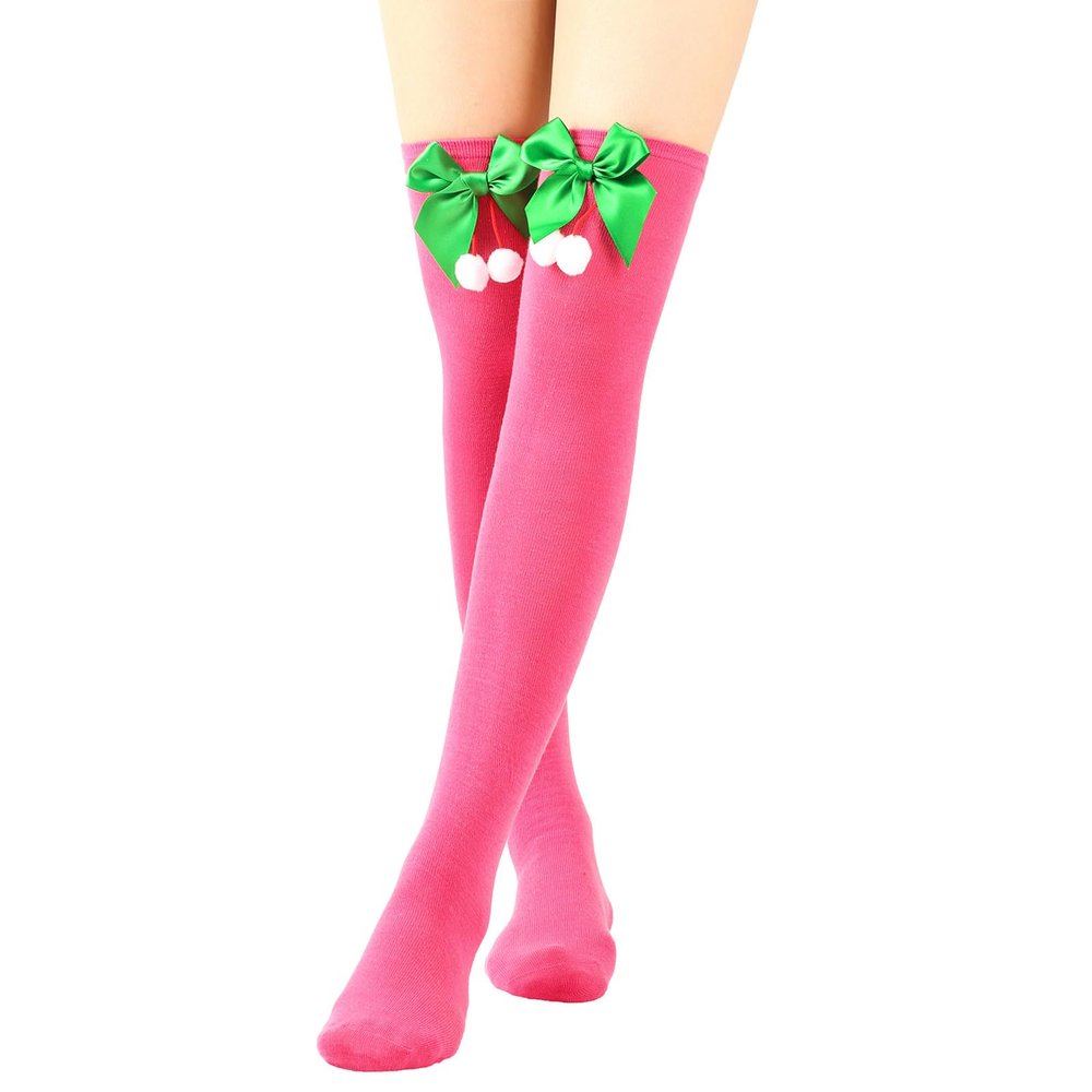 Adoeren Christmas Women Thigh High Socks Over Knee High Socks with Bow Stripe Candy Cane Socks Boot Stockings (A 90 Pink, Green Pom)