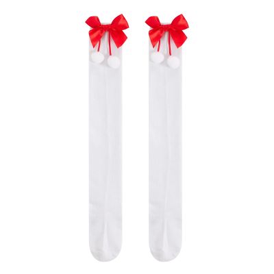 Adoeren Christmas Women Thigh High Socks Over Knee High Socks with Bow Stripe Candy Cane Socks Boot Stockings (A 44 White, Red Pom)