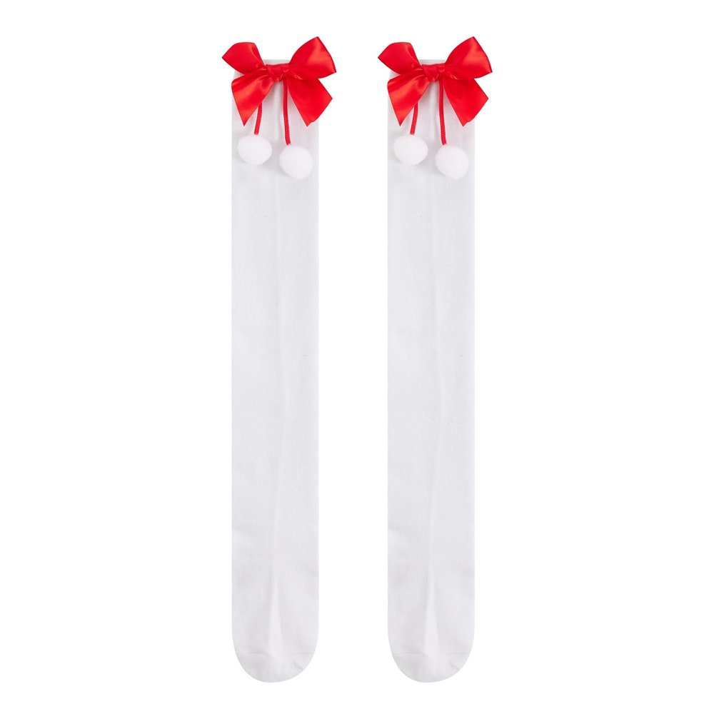 Adoeren Christmas Women Thigh High Socks Over Knee High Socks with Bow Stripe Candy Cane Socks Boot Stockings (A 44 White, Red Pom)
