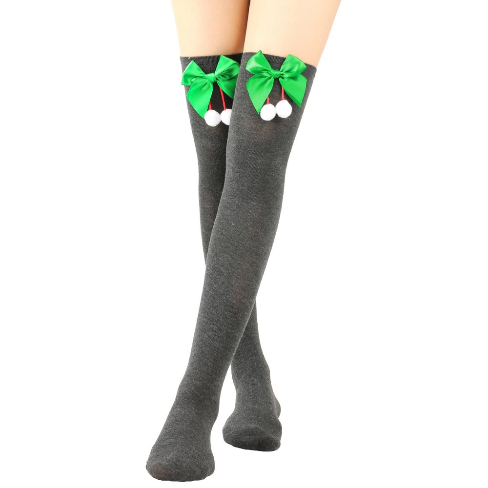 Adoeren Christmas Women Thigh High Socks Over Knee High Socks with Bow Stripe Candy Cane Socks Boot Stockings (A 99 Dark Grey, Green Pom)