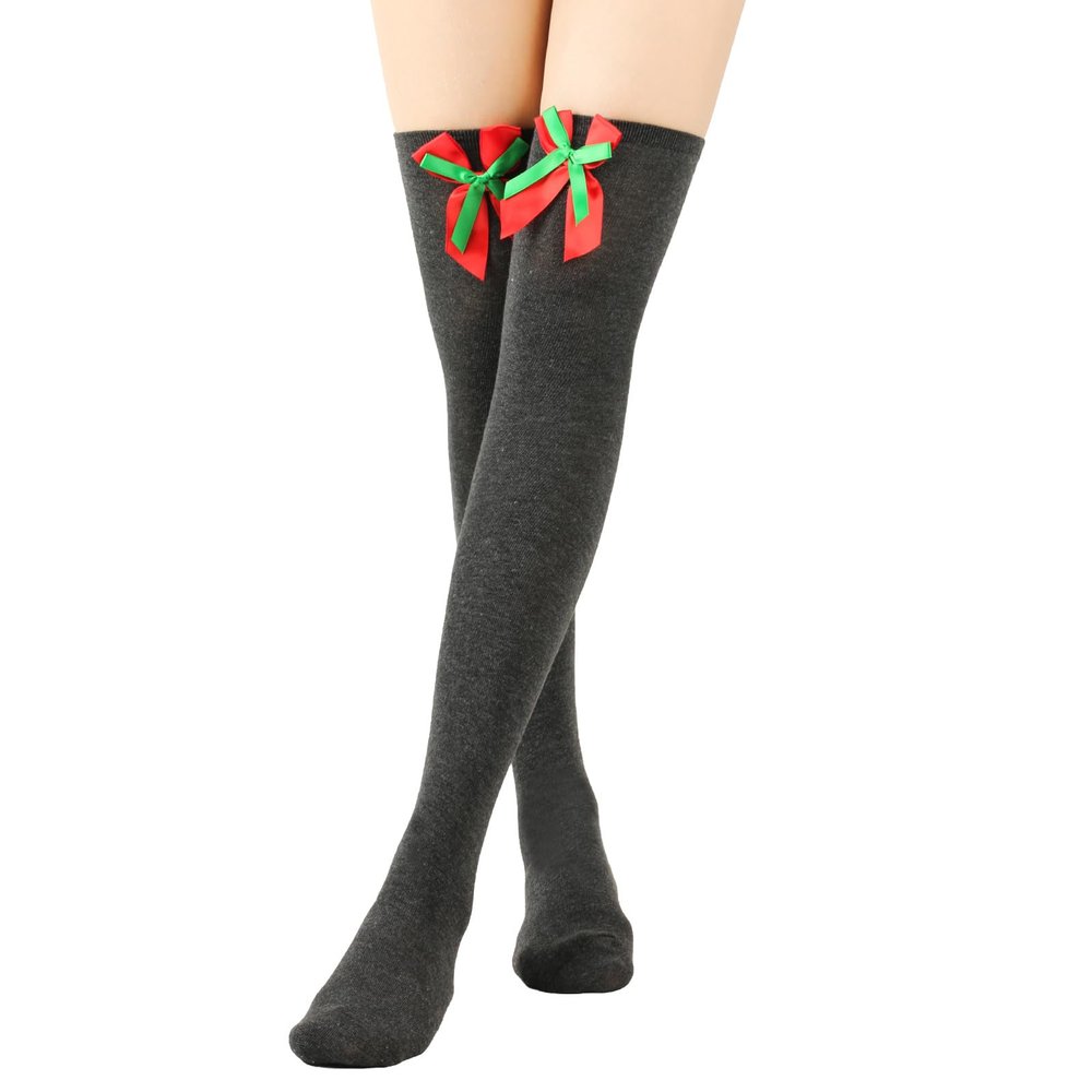 Adoeren Christmas Women Thigh High Socks Over Knee High Socks with Bow Stripe Candy Cane Socks Boot Stockings (A 88 Dark Grey, Double Bow)