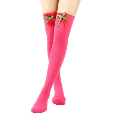 Adoeren Christmas Women Thigh High Socks Over Knee High Socks with Bow Stripe Candy Cane Socks Boot Stockings (A 78 Pink, Double Bow)