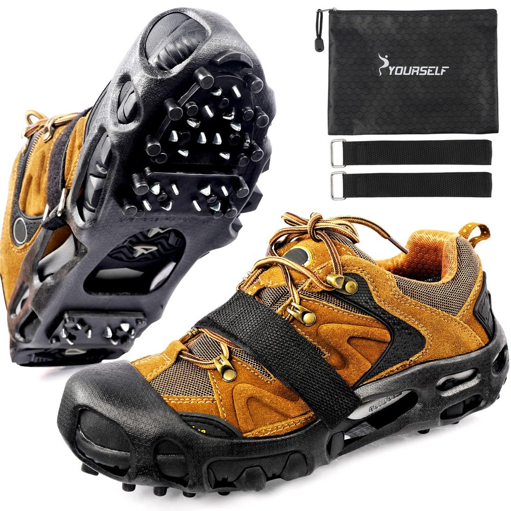 SYOURSELF Crampons Ice Cleats for Shoes and Boots Women Men Kids, 28 Shoe Spikes Non Slip Snow Traction Cleats for Snow and Ice Grippers for Shoes and Boots Hiking Walking Fishing Climbing