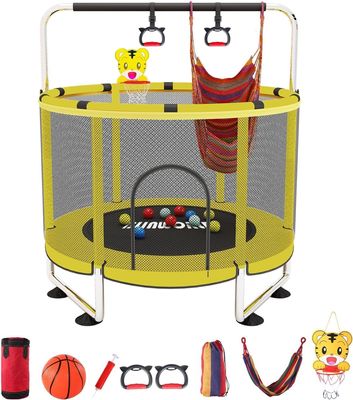 BLINWORLD Trampoline for Kids, 55Inch Adjustable Baby Toddler Trampoline with Basketball Hoop, 440lbs Indoor Outdoor Toddler Trampolin with Enclosure (Light Yellow)