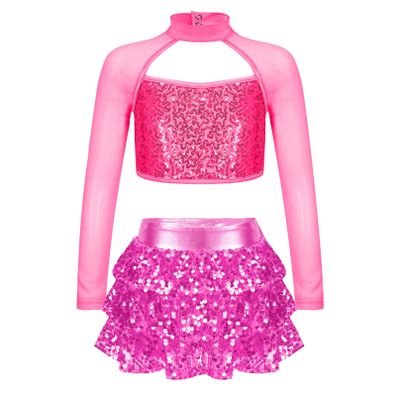 Agoky Kids Girls Shiny Sequins Jazz Hip Hop Dance Outfits Modern Dancing Costumes Performance Dancewear 6-16 Years Hot Pink 16 Years
