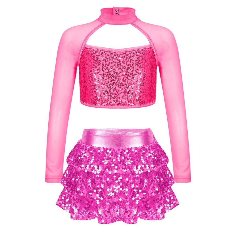 Agoky Kids Girls Shiny Sequins Jazz Hip Hop Dance Outfits Modern Dancing Costumes Performance Dancewear 6-16 Years Hot Pink 16 Years