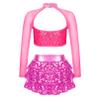 Agoky Kids Girls Shiny Sequins Jazz Hip Hop Dance Outfits Modern Dancing Costumes Performance Dancewear 6-16 Years Hot Pink 16 Years view 2