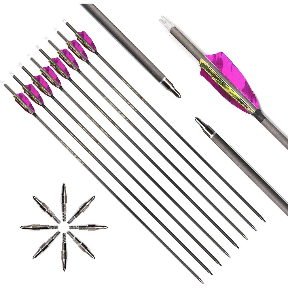 ACCMOS 6pc 28-Inch 800-Spine Arrow Removable Tips Targeting Hunting Arrow Turkey Feather 3 Inch Feathered Carbon Arrows for Traditional Bow Long-Bow Compound Bow Recurve Bow Adult Youth Archery Camo