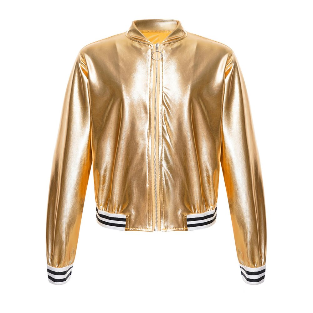 Sinleey Kids Girls Shiny Metallic Jackets Boys Long Sleeve Motorcycle Coats Outerwear Hip Hop Jazz Performance Dancewear Gold 12 Years