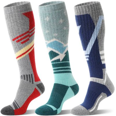 Sandsuced Merino Wool Ski Socks for Mens Womens Winter Thermal Warm Thick Knee High Snowboarding Skiing Socks for Cold Weather 3 Pairs Gifts Stocking Stuffers(Red/Green/Deep Blue,M)