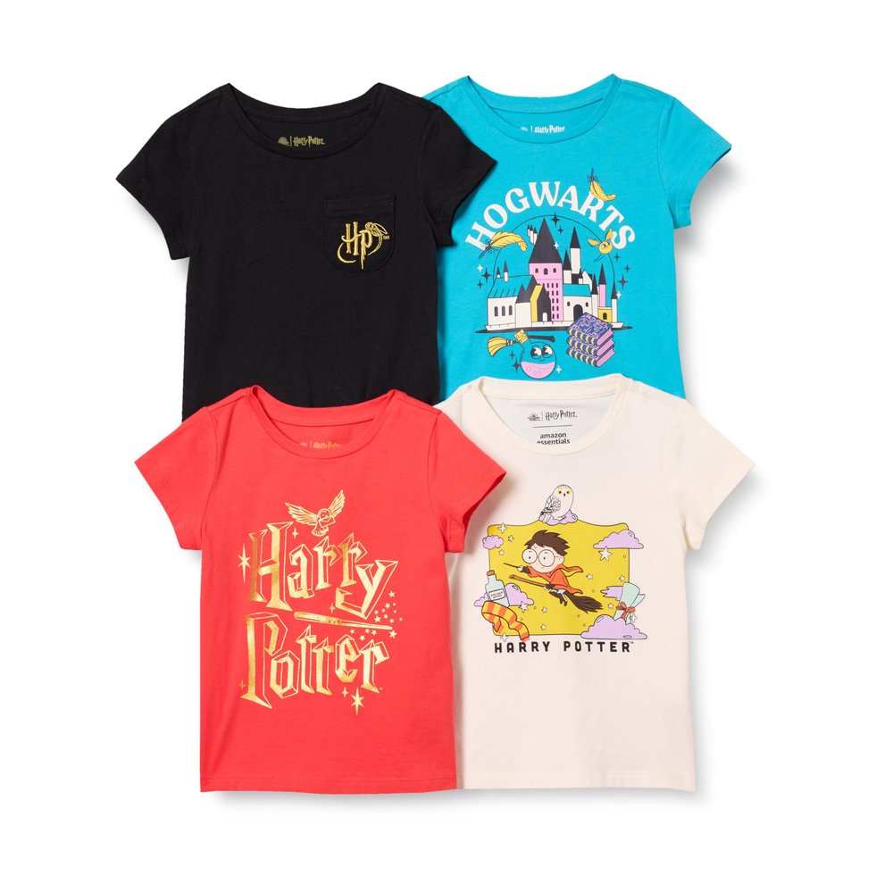 Amazon Essentials Harry Potter Toddler Girls' Short-Sleeve T-Shirts, Pack of 4, Harry Potter Hogwarts, 4T