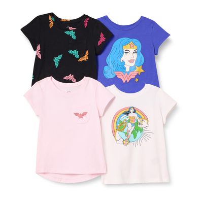 Amazon Essentials DC Toddler Girls' Short-Sleeve T-Shirts, Pack of 4, Wonder Woman World, 3T