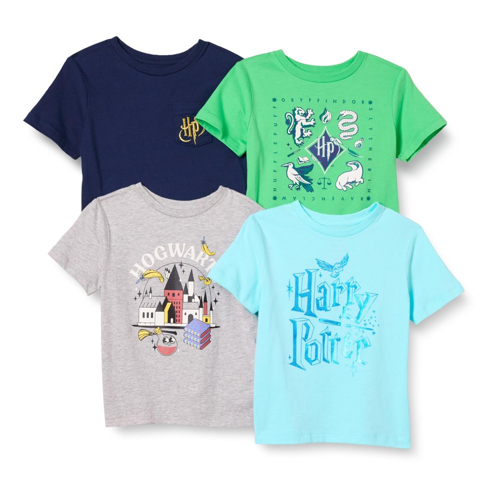 Amazon Essentials Harry Potter Boys' Short-Sleeve T-Shirts, Pack of 4, Harry Potter Hogwarts, X-Large