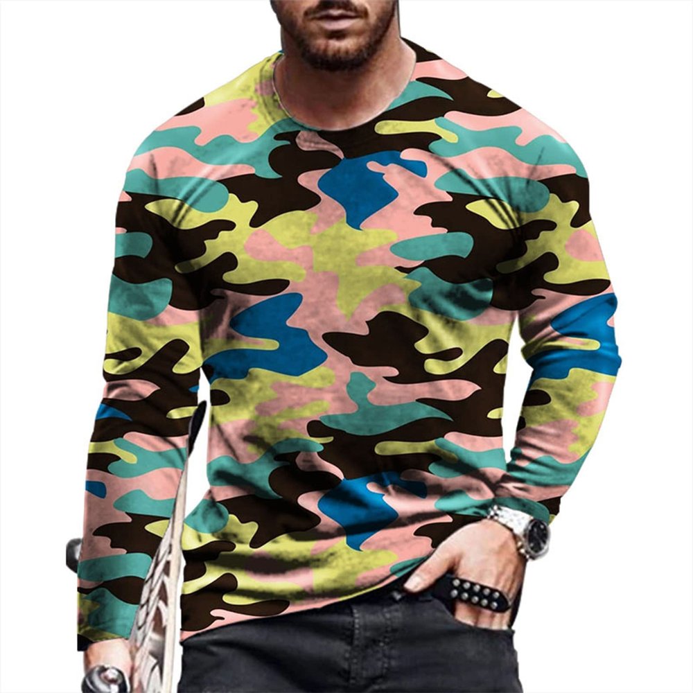 Mens Workout Long Sleeve Shirts Casual Camo Graphic Tee Shirts Sports Athletic Tees Tops for Men