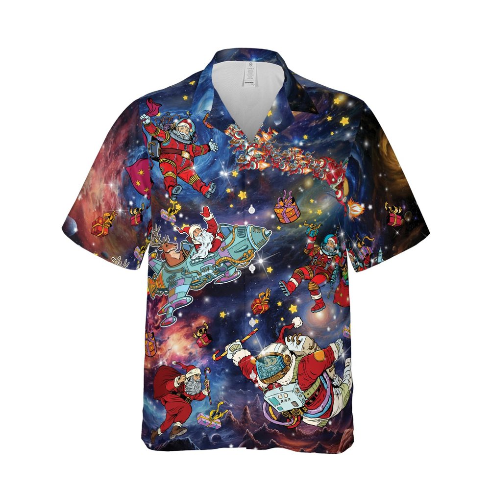 Mele Kalikimaka Santa Surfing Hawaiian Shirt Merry Christmas in July Summer Funny Hawaiian Shirt Christmas Shirt for Men (US, Alpha, Medium, Regular, Regular, Galaxy)