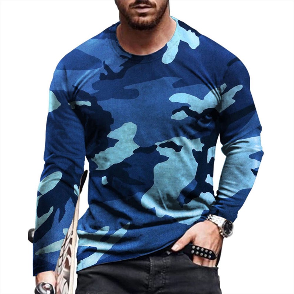 Athletic Long Sleeve T Shirts for Men Casual Stretchy Workout Tshirts Mens Camo Print Fashion Tees Tops Blue