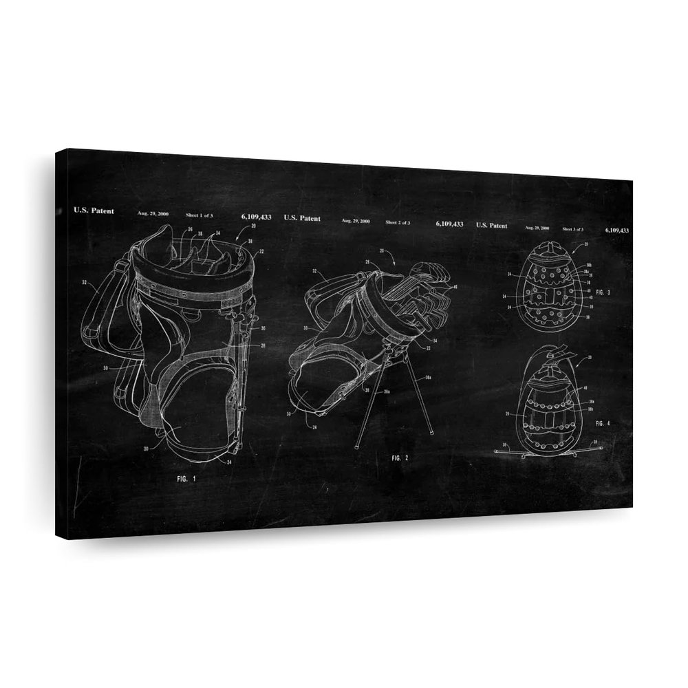ElephantStock Ridged Golf Bag Dividers BW Patent Canvas - 1 Panel Sports Patent Wall Art Decor - Sports Decorations for Boys Room - Wall Art and Office Decor - 24" X 16"