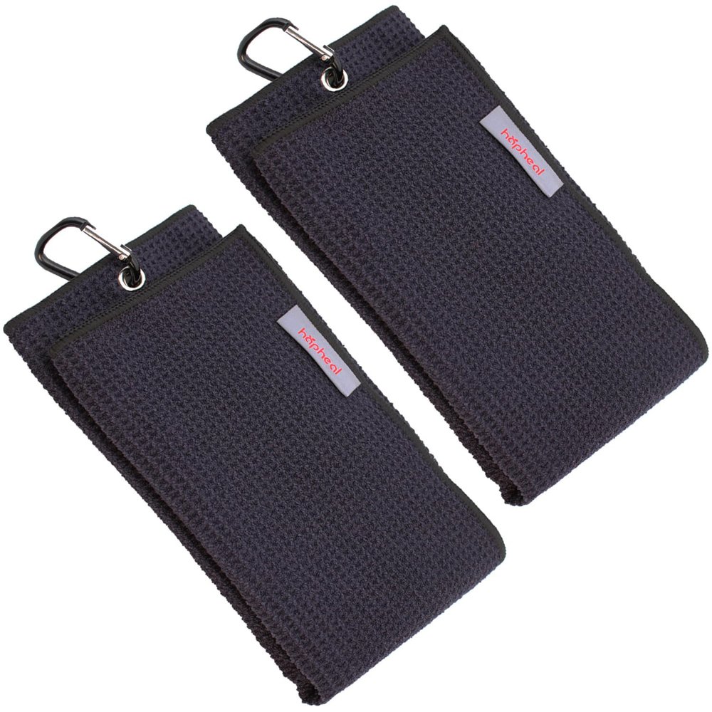 hapheal Golf Towel (16" X 21") Microfiber Waffle Pattern with Carabiner Clip,Golf Towels for Golf Bag for Man (2 Pack Black)