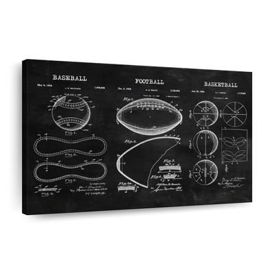 ElephantStock Sports Balls Compilation BW Patent Canvas - 1 Panel Patent Wall Art Decor - Sports Decorations for Boys Room - Wall Art and Office Decor - 30" X 20"