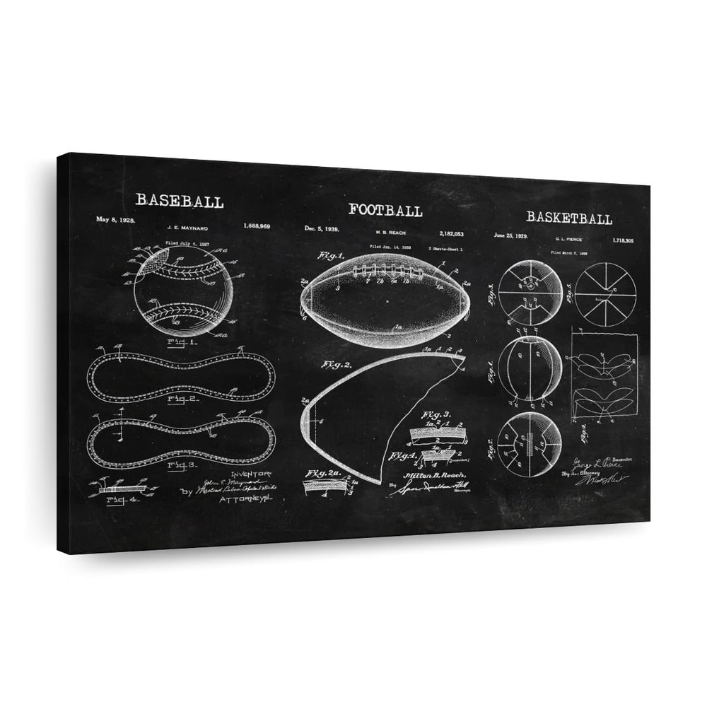 ElephantStock Sports Balls Compilation BW Patent Canvas - 1 Panel Patent Wall Art Decor - Sports Decorations for Boys Room - Wall Art and Office Decor - 30" X 20"
