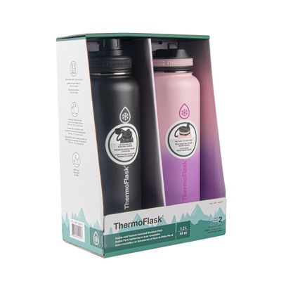 ThermoFlask Stainless Steel Water Bottles 2-Pack - Double-Wall Vacuum Insulated 40 oz BPA-Free Spout Lids - Keeps Drinks Cold 24 Hrs, Hot 12 Hrs - Leakproof, Dishwasher Safe, Black/Rose Purple