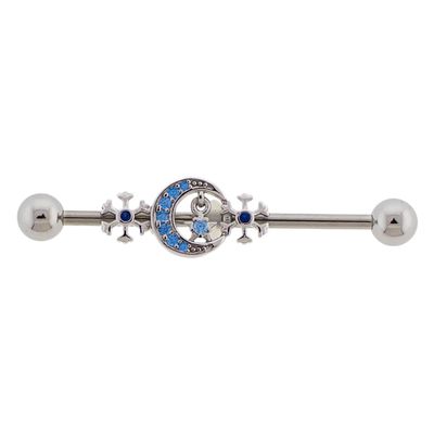 14GA 316L Stainless Steel Aqua CZ Crystal Crescent Moon and Snowflakes Industrial Barbell