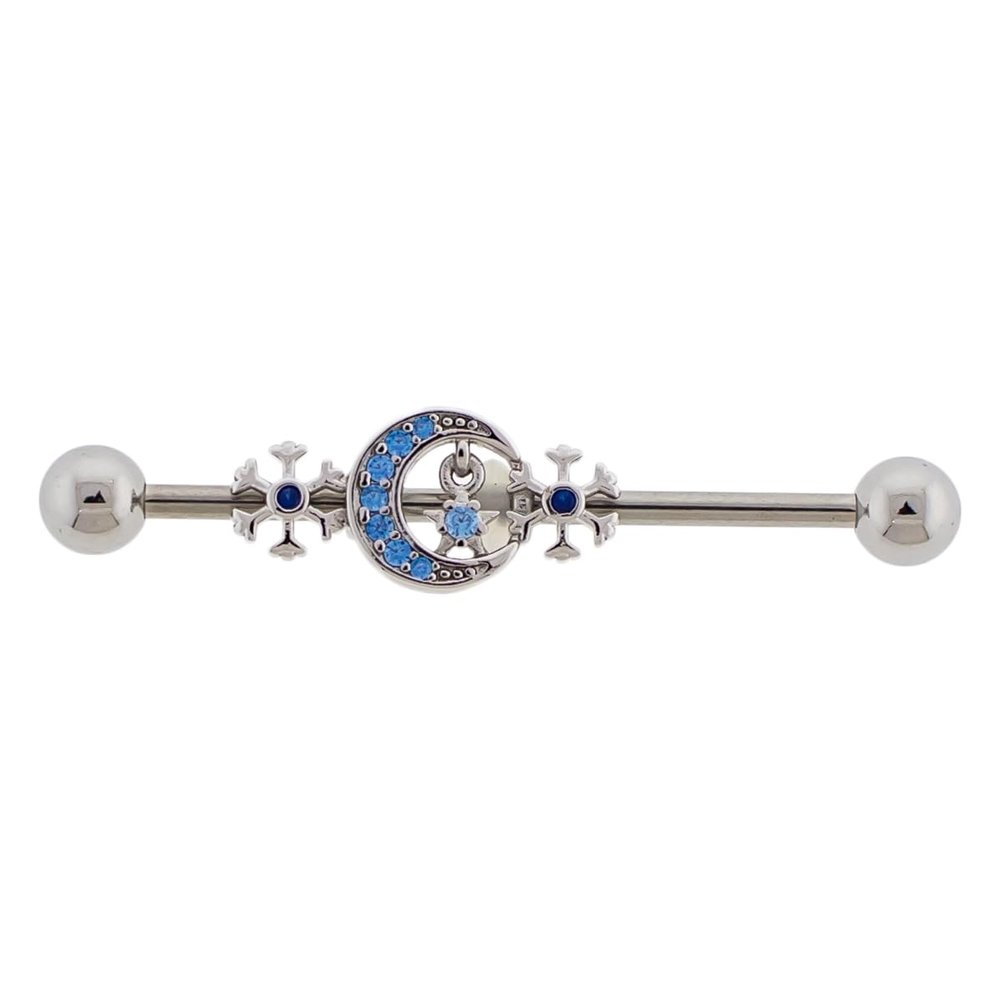 14GA 316L Stainless Steel Aqua CZ Crystal Crescent Moon and Snowflakes Industrial Barbell