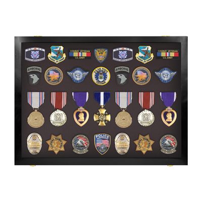 PENNZONI Medal Display Case Medium - Award Display Case, Patches Display Cabinet Case, Acrylic Wall Display Case, Cherry w/ Green Felt