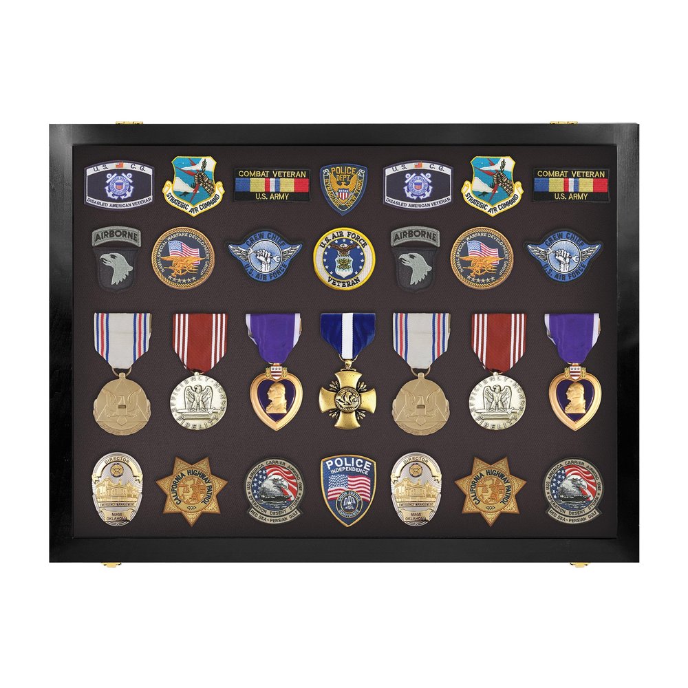 PENNZONI Medal Display Case Medium - Award Display Case, Patches Display Cabinet Case, Acrylic Wall Display Case, Cherry w/ Green Felt