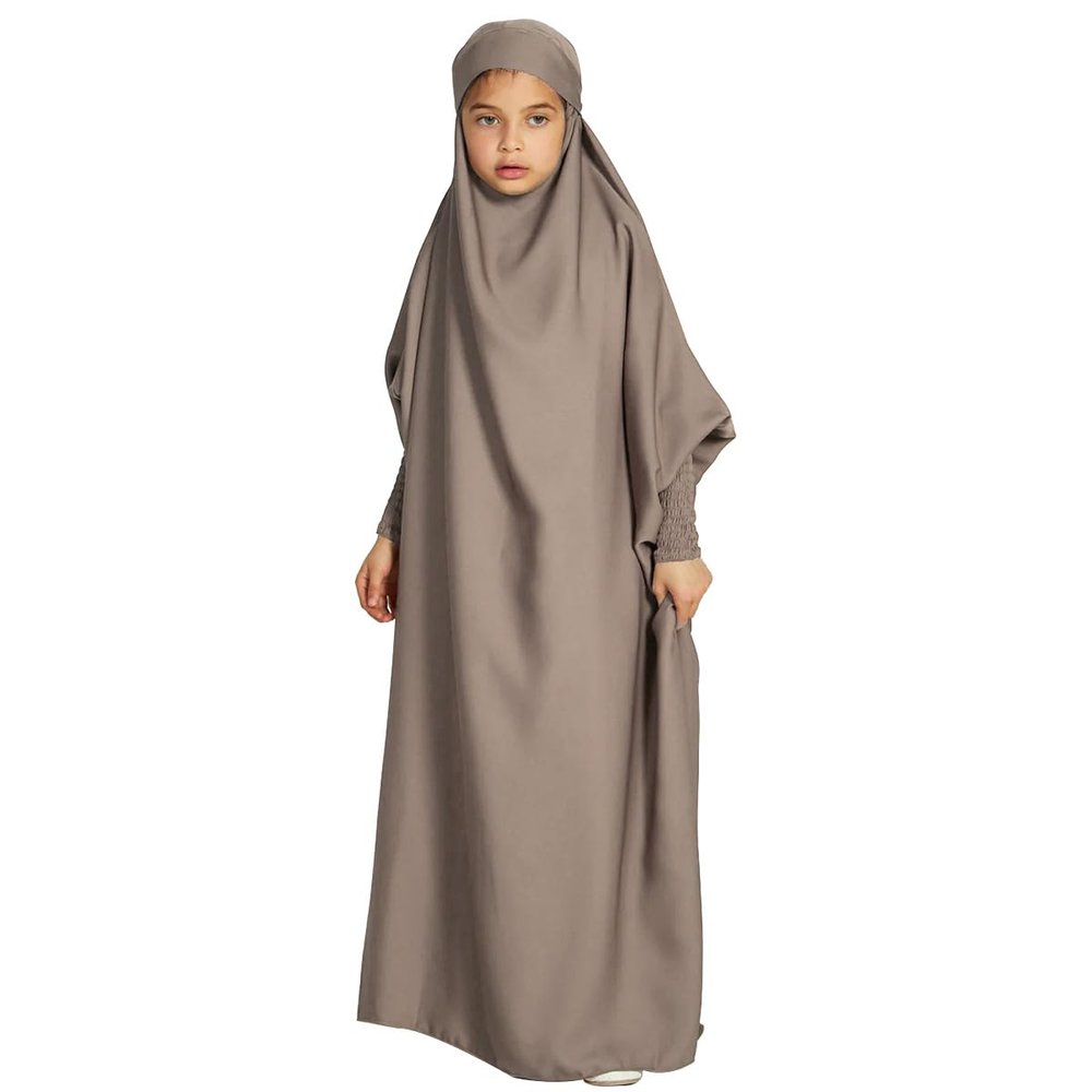 AFAVOM Girls Muslim Full Cover Prayer Dress Abaya Hijab Kaftan Islamic Dress Kids Long Sleeve Formal Clothes Dubai Hijab Eid Dress Teens Loose Fit Floor Length Casual Maxi Gown Taro Color 6-7 Years