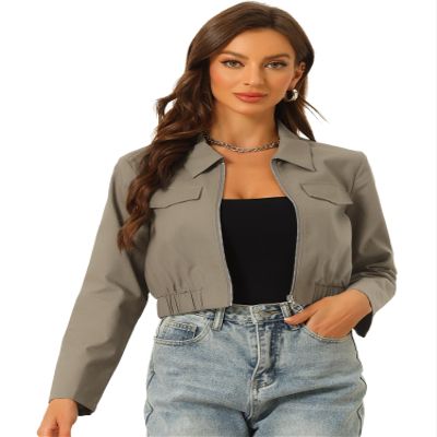 Allegra K Cropped Bomber Jacket for Women's Lightweight Zip Up Lapel Collar Long Sleeve Short Jackets X-Small Gray Army Green