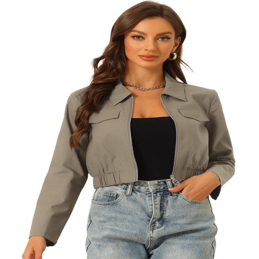 Allegra K Cropped Bomber Jacket for Women's Lightweight Zip Up Lapel Collar Long Sleeve Short Jackets X-Small Gray Army Green