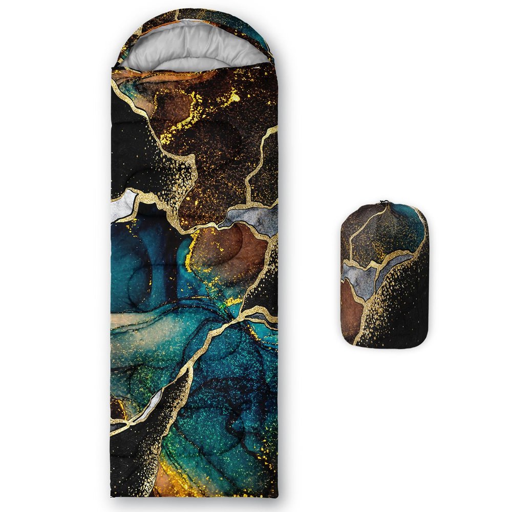 Sleeping Bags for Adults and Kids Backpacking Camping Sleeping Bags for Girls and Boys Lightweight Waterproof Cold/Warm 3-Season (Black Gold Marble, Single -31.5x90.5)