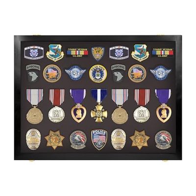 PENNZONI Medal Display Case Medium - Award Display Case, Patches Display Cabinet Case, Acrylic Wall Display Case, Walnut w/ Blue Felt