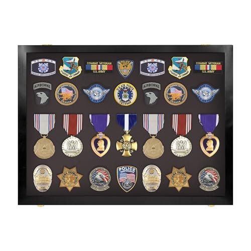 PENNZONI Medal Display Case Medium - Award Display Case, Patches Display Cabinet Case, Acrylic Wall Display Case, Walnut w/ Blue Felt