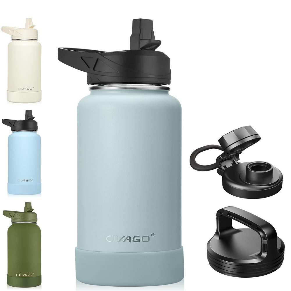 CIVAGO 32 oz Insulated Water Bottle With Straw, Stainless Steel Sports Water Cup Flask with 3 Lids (Straw, Spout and Handle Lid), Wide Mouth Travel Thermal Mug, Sage