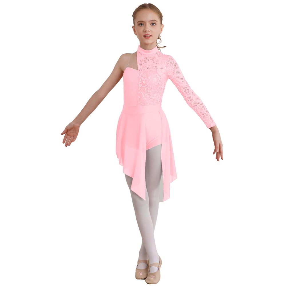 FEESHOW Big Girls Mesh Open Back Lyrical Dance Dress Ballroom Dancing Costumes Leotard High Low Flowy Sheer Skirt Pink A 8 Years