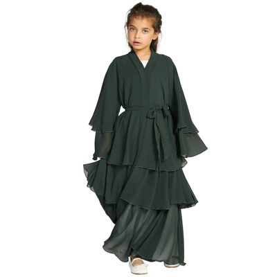 AFAVOM Muslim Abaya for Girls Prayer Dress Tiered Layered Chiffon Kaftan Maxi Dress Casual Party Cardigan Robe Long Flare Sleeve Dubai Muslim Clothes Islamic Eid Dress+Hijab Blackish Green 13-14 Years