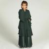 AFAVOM Muslim Abaya for Girls Prayer Dress Tiered Layered Chiffon Kaftan Maxi Dress Casual Party Cardigan Robe Long Flare Sleeve Dubai Muslim Clothes Islamic Eid Dress+Hijab Blackish Green 13-14 Years view 4