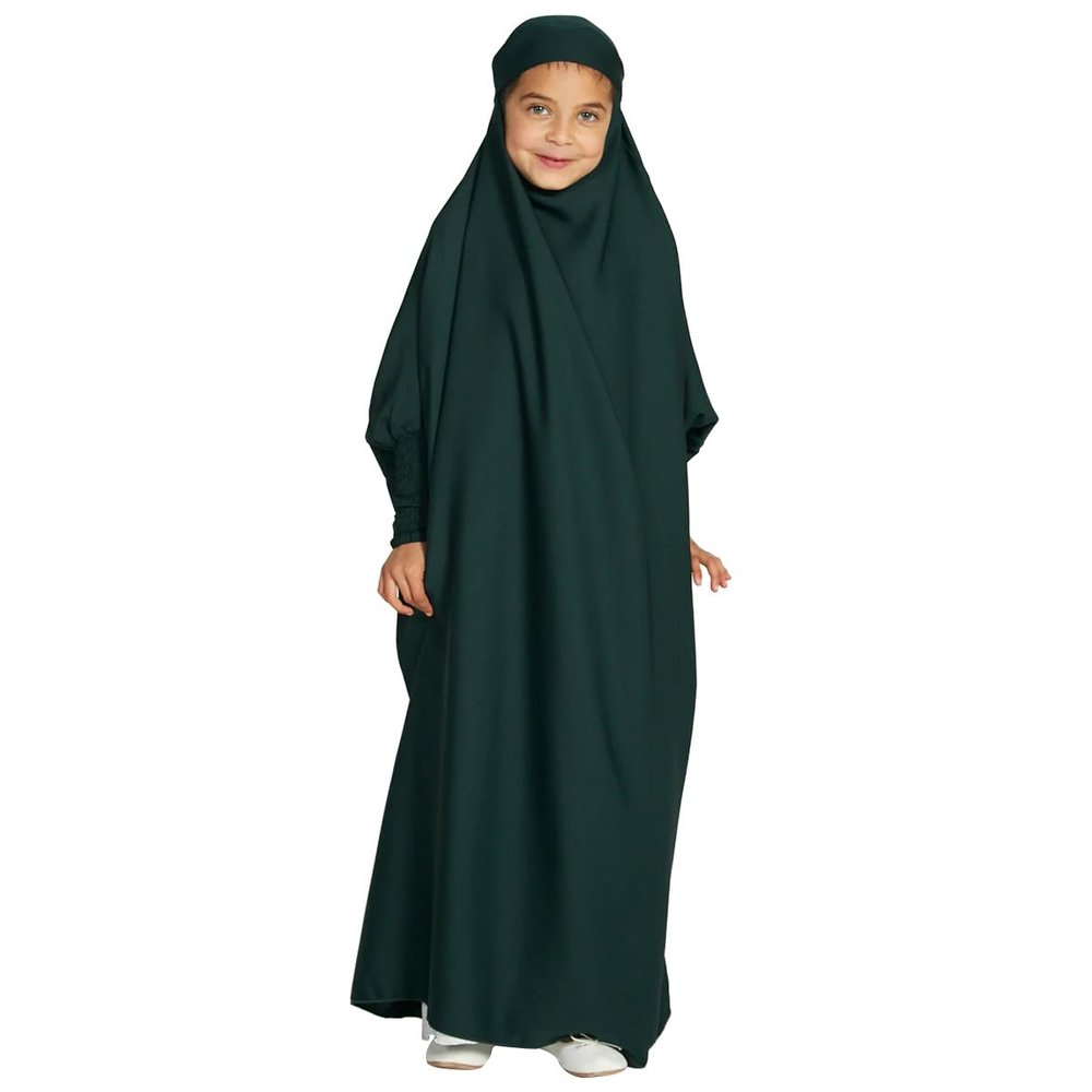 AFAVOM Abaya for Girls Muslim Dress Full Cover Hijab Kaftan Islamic Prayer Dress Kids Formal Prayer Clothes Dubai Hijab Church Eid Dress Teens Loose Fit Casual Maxi Gown Blackish Green 11-12 Years
