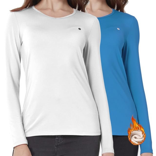 SSLR 2 Pack Women's Thermal Tops, Thermal Underwear for Women Long Sleeve Tee Shirts Basic Layering V Neck Fleece (Small, White & Blue)