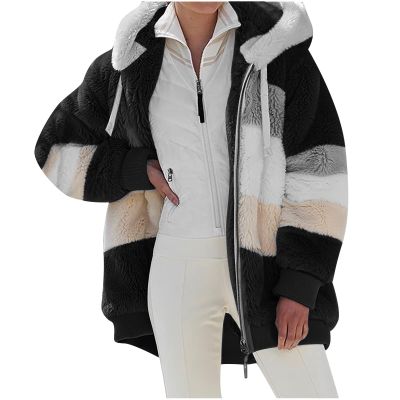 SMIDOW Oversized Fuzzy Fleece Jackets For Women Fashion 2025 Color Block Faux Fur Cardigan Coat Shaggy Warm Winter Outerwear fleece jacket for women Black 2X
