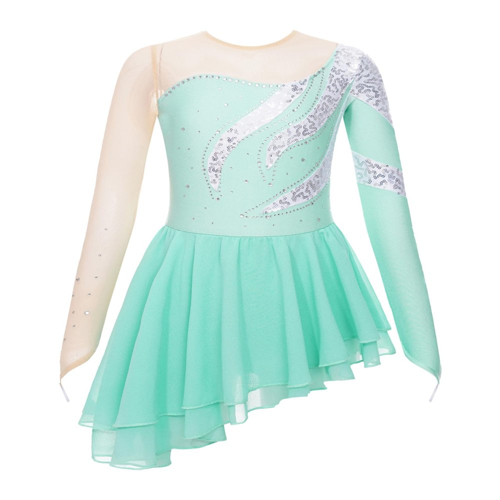 FEESHOW Girls Sequins Long Sleeve Ice Skating Dress Mesh Splice Color Block Leotard Ballet Ballroom Performance Dress Light Green 14 Years