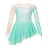 FEESHOW Girls Sequins Long Sleeve Ice Skating Dress Mesh Splice Color Block Leotard Ballet Ballroom Performance Dress Light Green 14 Years view 1