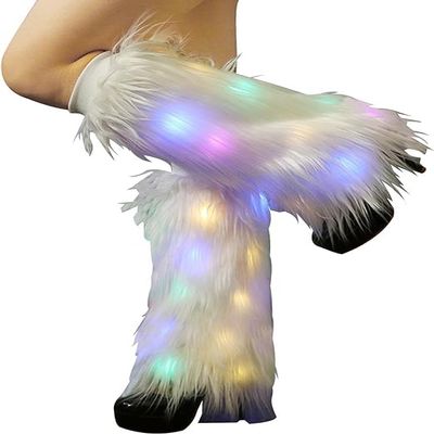 Abien Light Up White Fur Leg Warmers Fuzzy Boot Sleeves with Neon Rave Led Boot Covers for Christmas Party Concert for Women