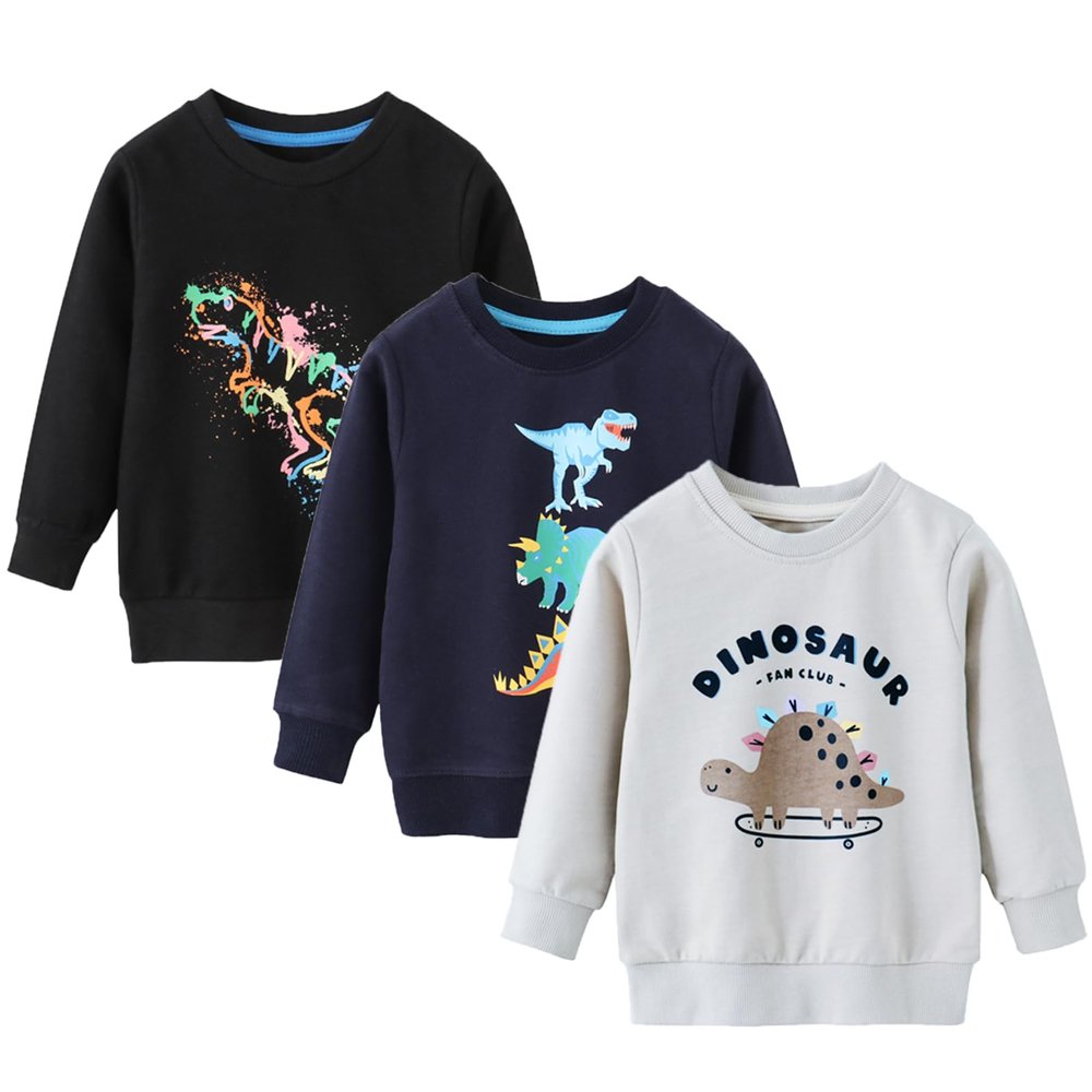BeiVSlley Toddler Boys 3 Pack Cotton Pullover Crewneck Sweatshirt Long Sleeve Cartoon Shirt Sweaters Tops,Dark Blue,2-3T