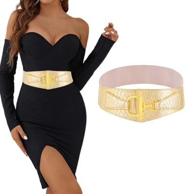 Tgirls Women's Elastic Belt Vintage Wide Waist Belts Gold O-Ring Buckle Stretch Belt for Women Dresses (Gold, Fit Waist:31''-36'')